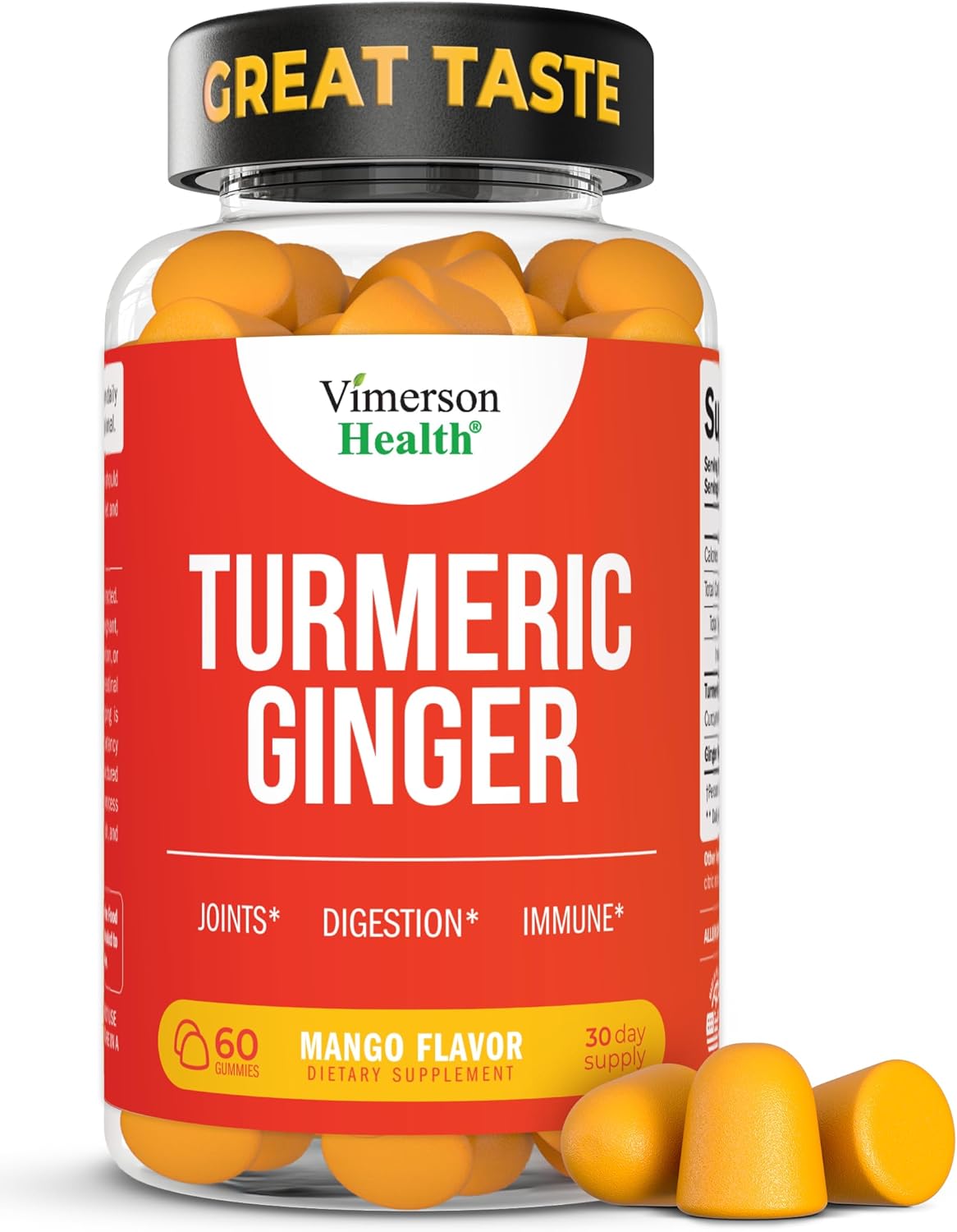 Turmeric Gummies with Ginger Root for Gut & Joint Health - 95% Curcuminoids, 260mg Turmeric Extract - Mango Flavor, 60 Count