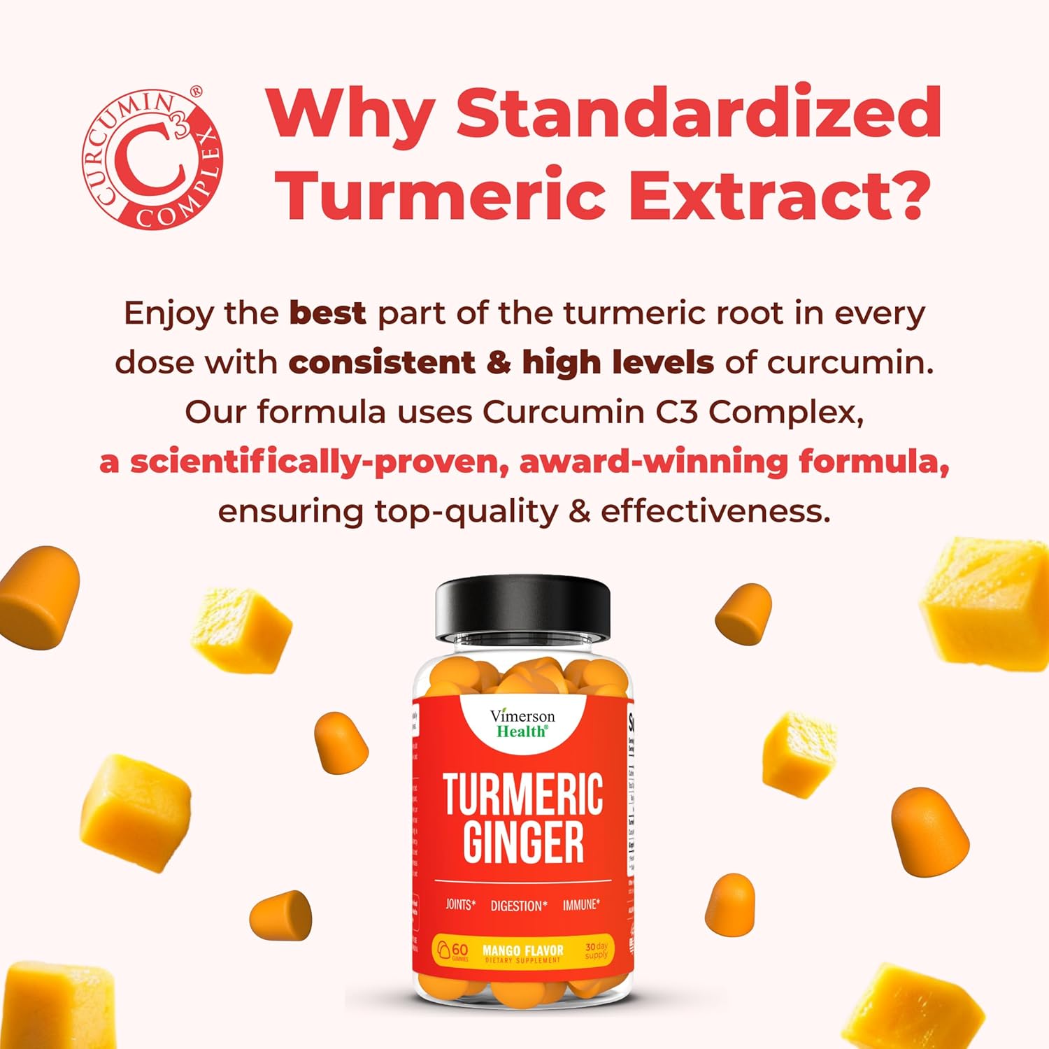 Turmeric Gummies with Ginger Root for Gut & Joint Health - 95% Curcuminoids, 260mg Turmeric Extract - Mango Flavor, 60 Count