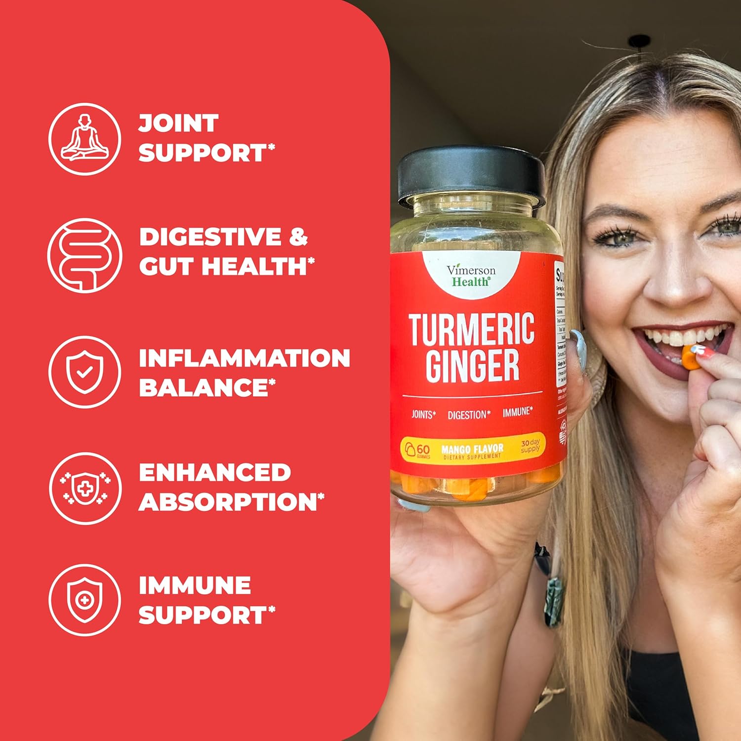 Turmeric Gummies with Ginger Root for Gut & Joint Health - 95% Curcuminoids, 260mg Turmeric Extract - Mango Flavor, 60 Count