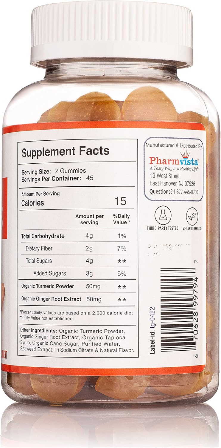 Turmerica Pharmvista Turmeric Ginger Gummies - 90 Count | Gluten Free, Vegan, Non-GMO Supplement with Natural Ginger Flavor