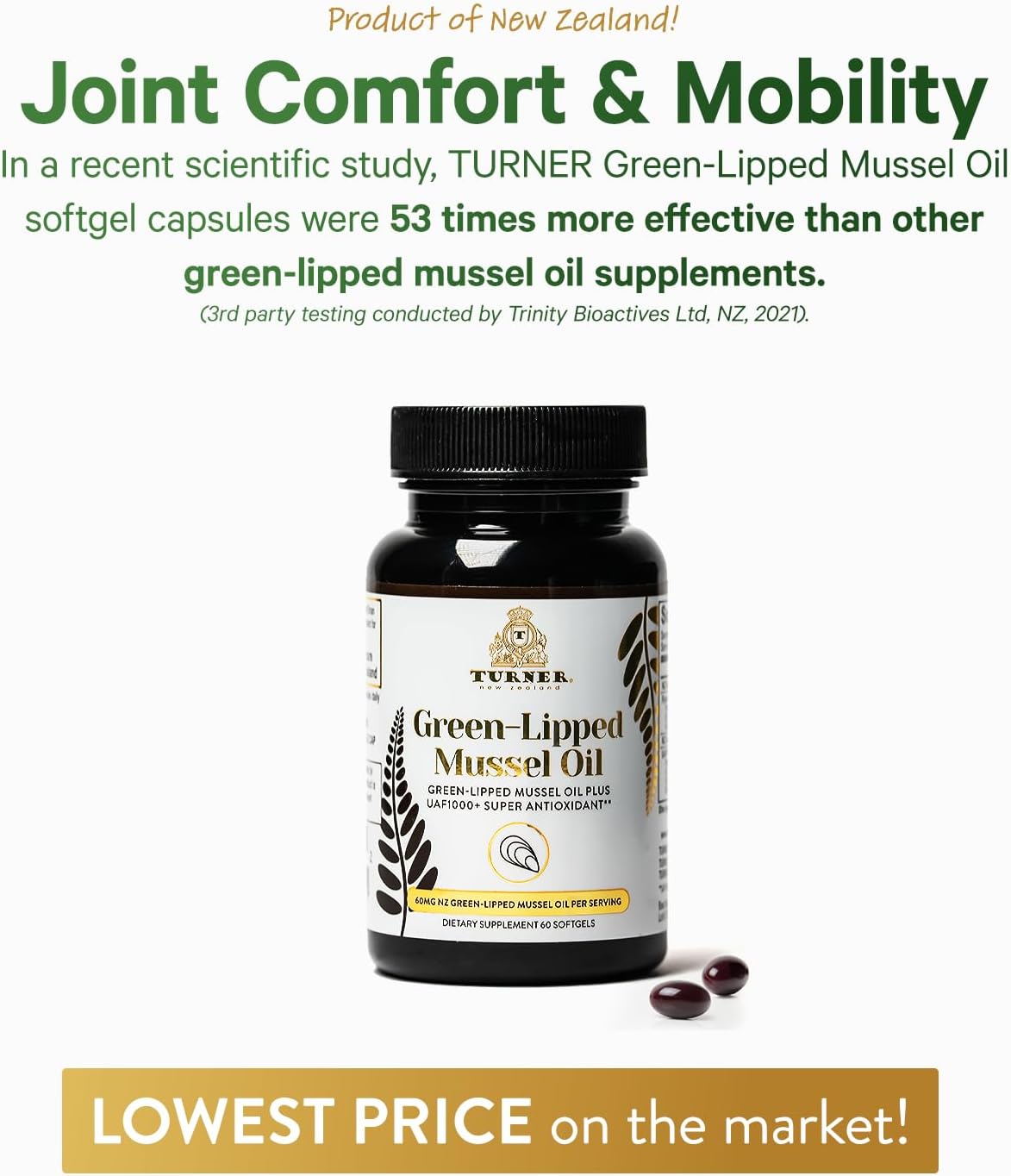 TURNER New Zealand Green Lipped Mussel Oil with UAF1000+ Antioxidant, High Potency Joint Support, 240 Softgels
