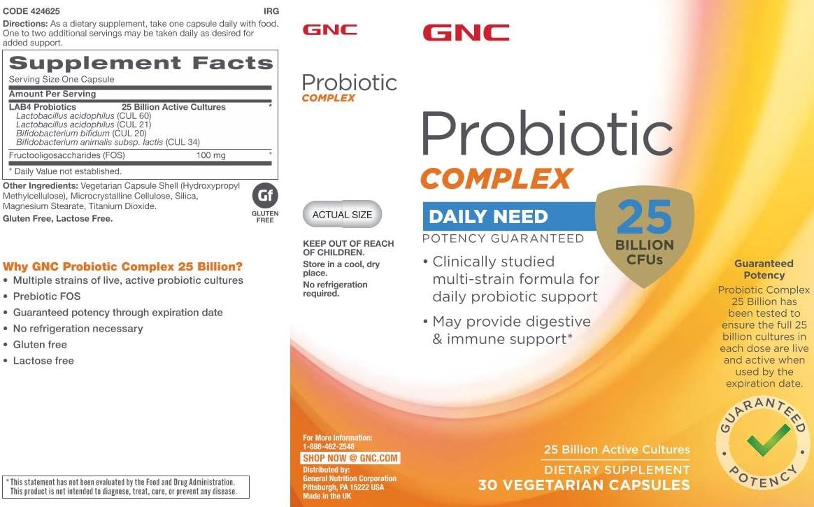 Twin Pack GNC Probiotic Complex: Daily Support with 25 Billion CFUs, 30 Capsules - Daily Probiotic Supplement