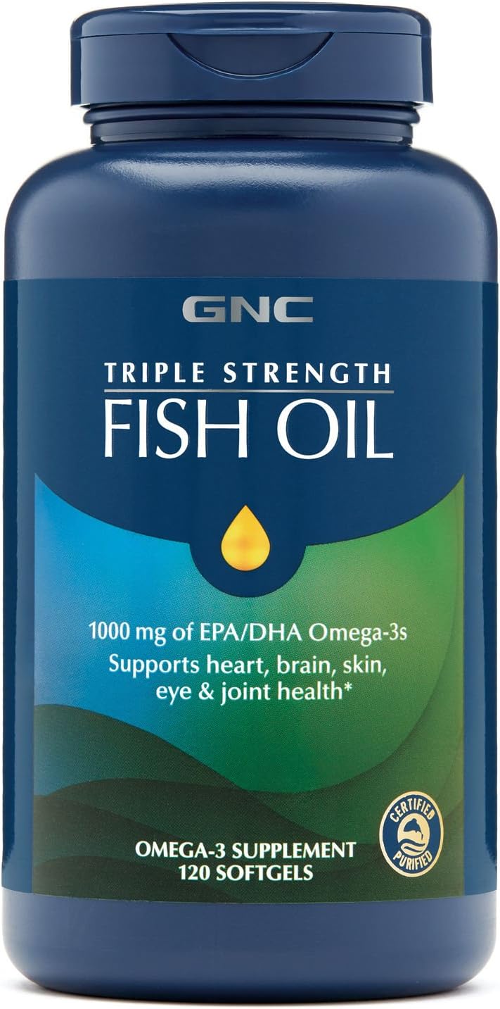 Twin Pack GNC Triple Strength Fish Oil Softgels - 120 per Bottle for Heart, Brain, Skin, Eye, and Joint Health