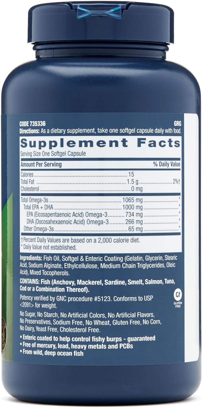 Twin Pack GNC Triple Strength Fish Oil Softgels - 120 per Bottle for Heart, Brain, Skin, Eye, and Joint Health