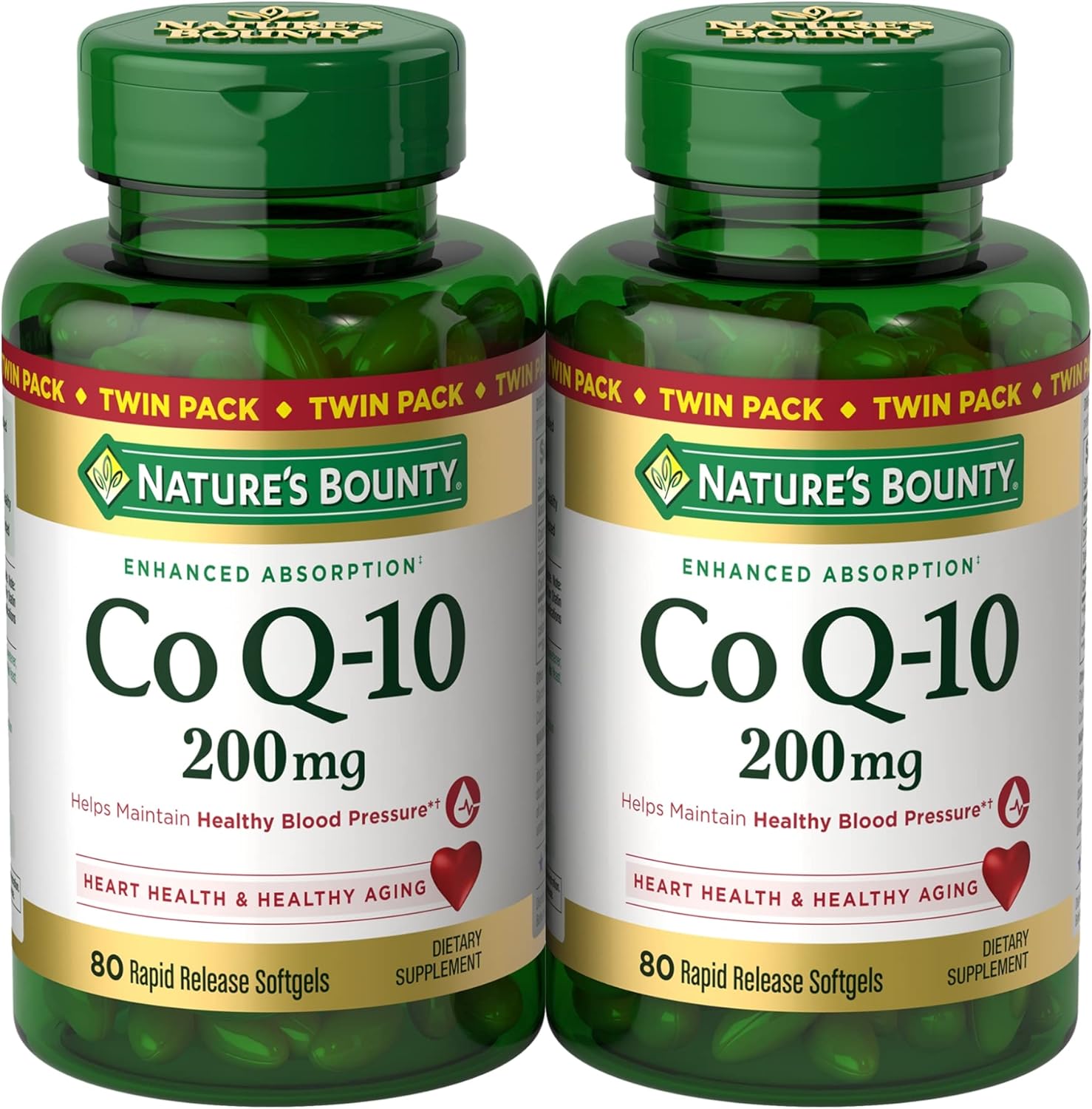 Twin Pack Nature's Bounty CoQ10 200 mg Softgels for Heart Health & Cellular Energy Support, 160 Rapid Release Softgels
