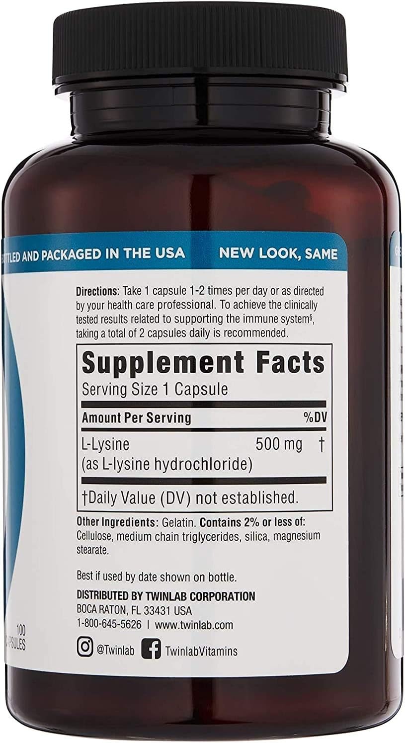 Twinlab L-Lysine Capsules, 500mg, 100 Count - Essential Amino Acid Supplement