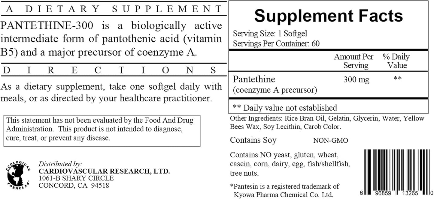 Two 2-Pack Pantethine 300mg (Pantesin) Softgels for Cardiovascular Health by Ecological Formulas/Cardiovascular Research