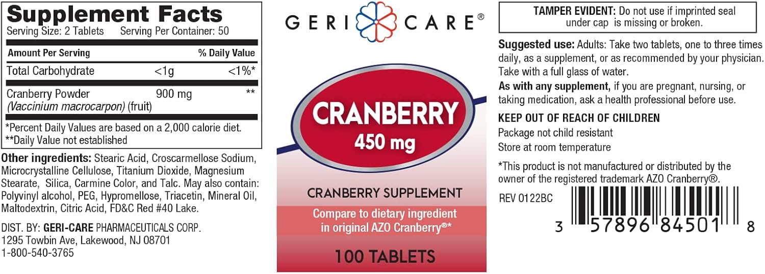 Two-Pack GeriCare Cranberry Supplement Pills - 100 Tablets x 450mg