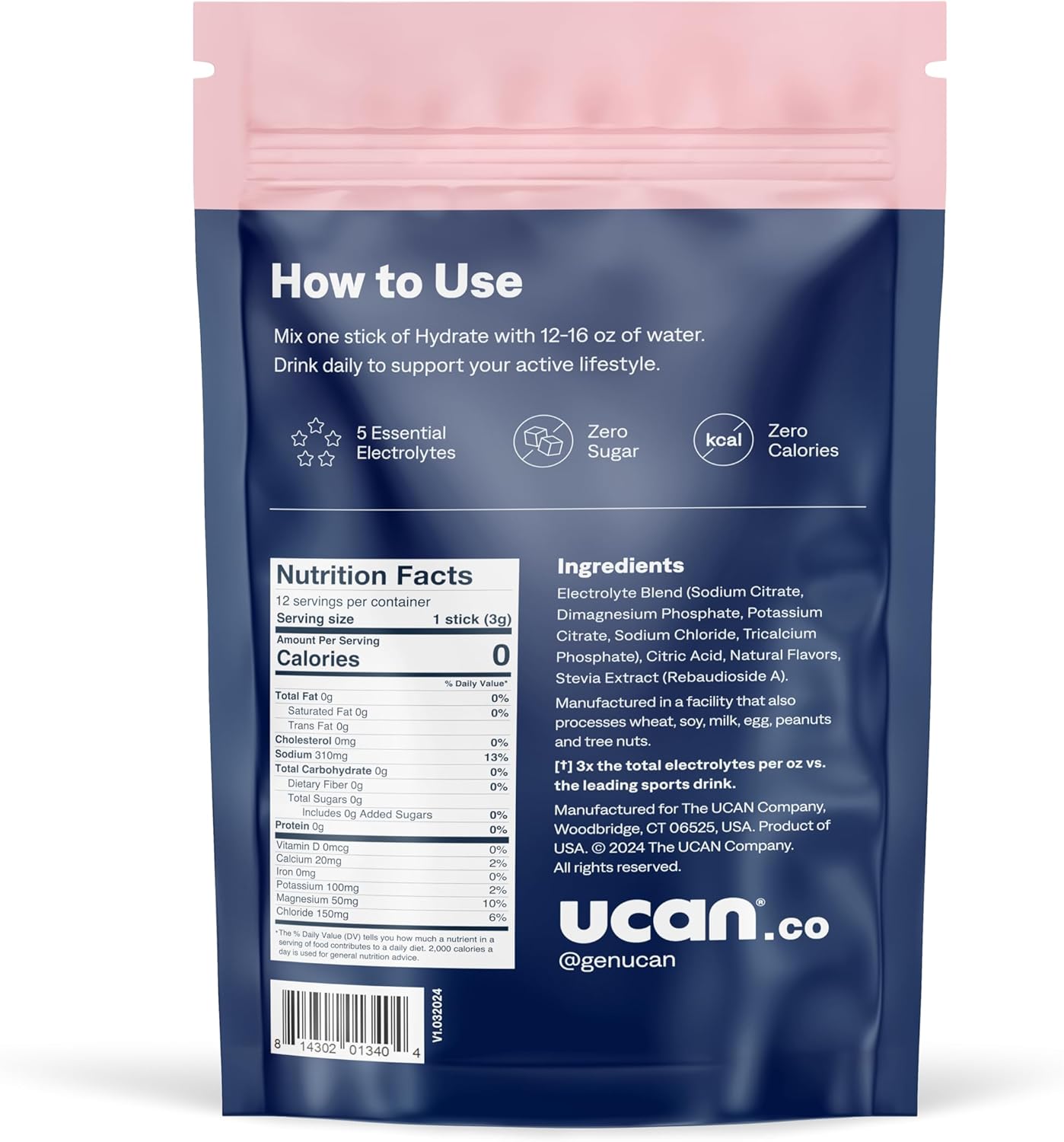 UCAN Hydrate Watermelon Electrolyte Drink Mix - 12 Stickpacks, Sugar-Free, Keto, Vegan, Non-GMO, Gluten-Free - Potassium & Magnesium for Runners