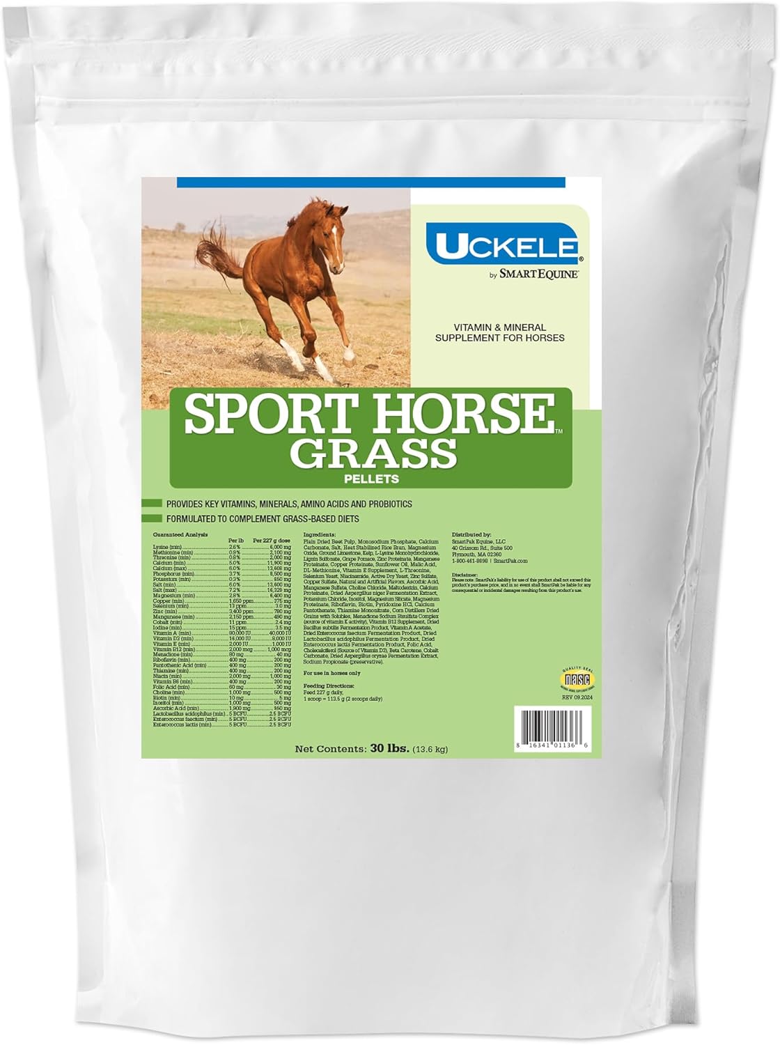 Uckele SmartEquine Sport Grass Pellets 30 lb Bag | Horse Probiotics, Prebiotics, Vitamins & Minerals | Vitamin E Supplement for Athlete Equines | Amino Acids for Muscle Support
