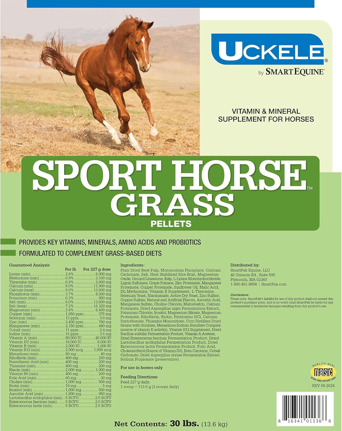 Uckele SmartEquine Sport Grass Pellets 30 lb Bag | Horse Probiotics, Prebiotics, Vitamins & Minerals | Vitamin E Supplement for Athlete Equines | Amino Acids for Muscle Support