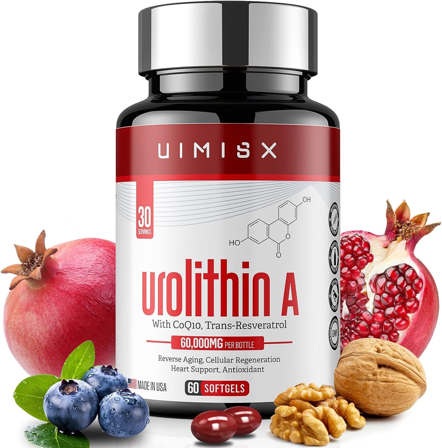 UIMISX Urolithin A Pro Supplement 1000mg Softgels with Resveratrol & CoQ10 - Antioxidant for Energy, Aging, Muscle Strength & Skin Care