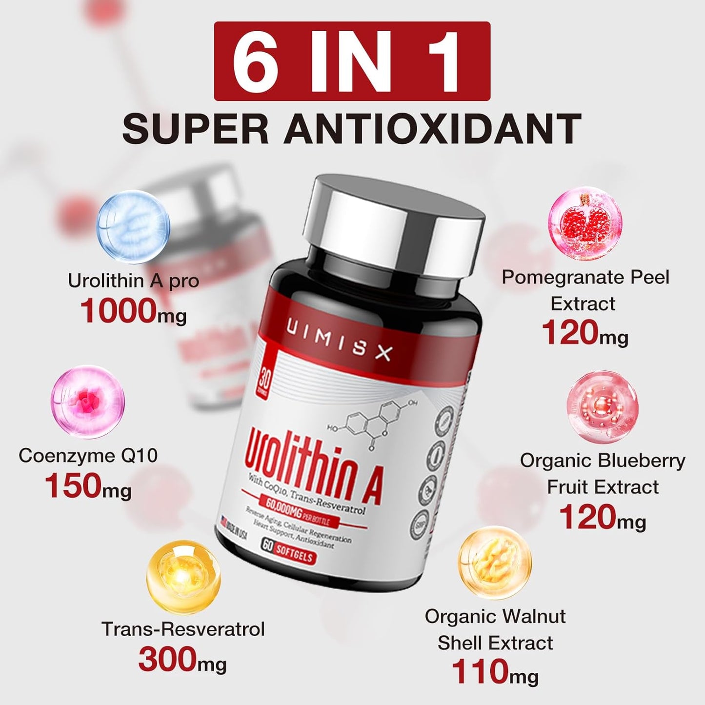 UIMISX Urolithin A Pro Supplement 1000mg Softgels with Resveratrol & CoQ10 - Antioxidant for Energy, Aging, Muscle Strength & Skin Care