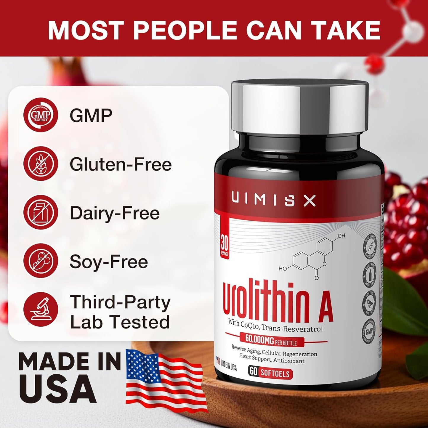 UIMISX Urolithin A Pro Supplement 1000mg Softgels with Resveratrol & CoQ10 - Antioxidant for Energy, Aging, Muscle Strength & Skin Care