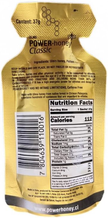 ULMO POWER· HONEY Classic Energy Gel Pack - 24 Units, 1.3 Oz Each - Caffeine-Free Formula