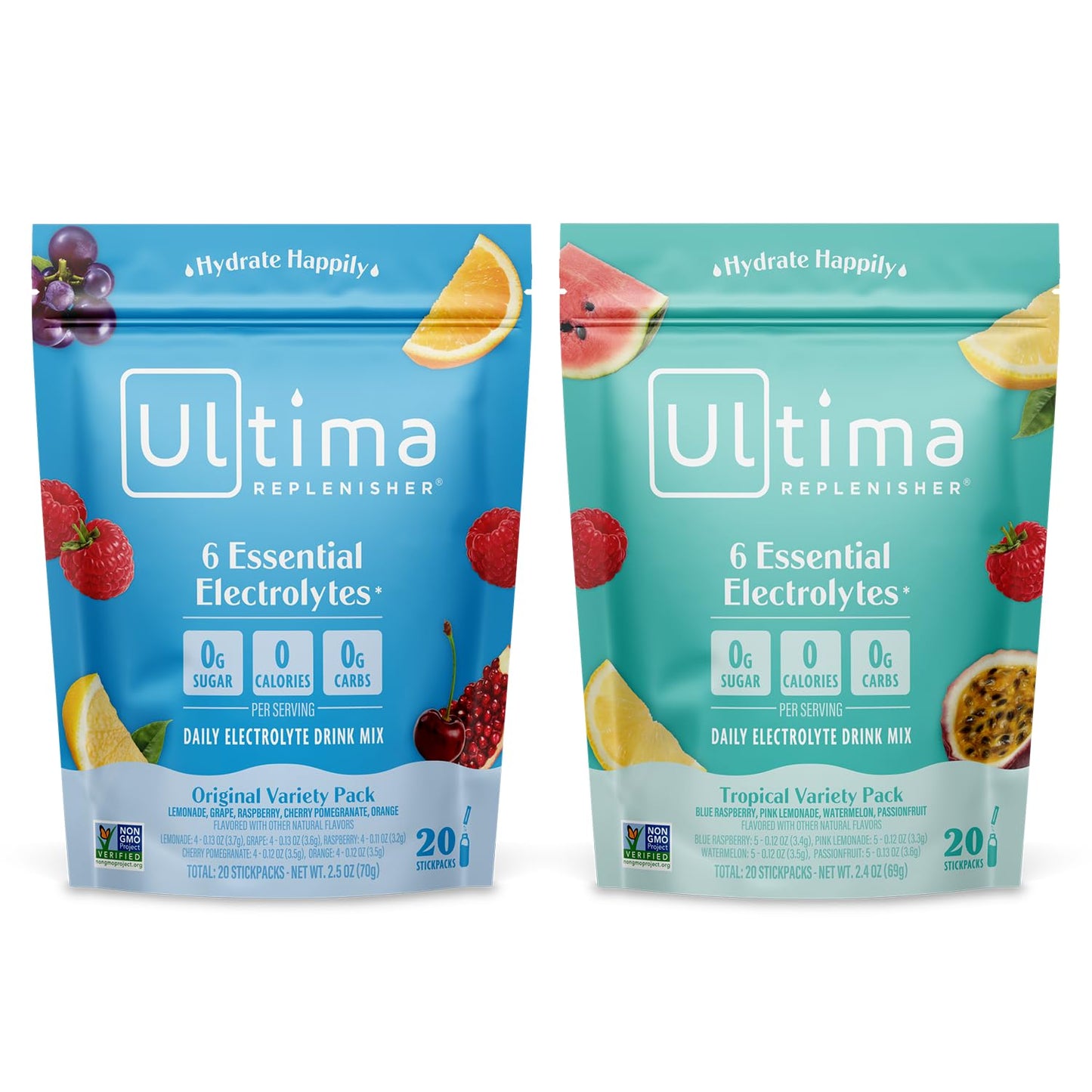 Ultima Replenisher Electrolyte Powder Drink Mix Variety Pack - 20 Stickpacks with 6 Electrolytes and Minerals for Hydration - Keto, Non-GMO, Sugar-Free