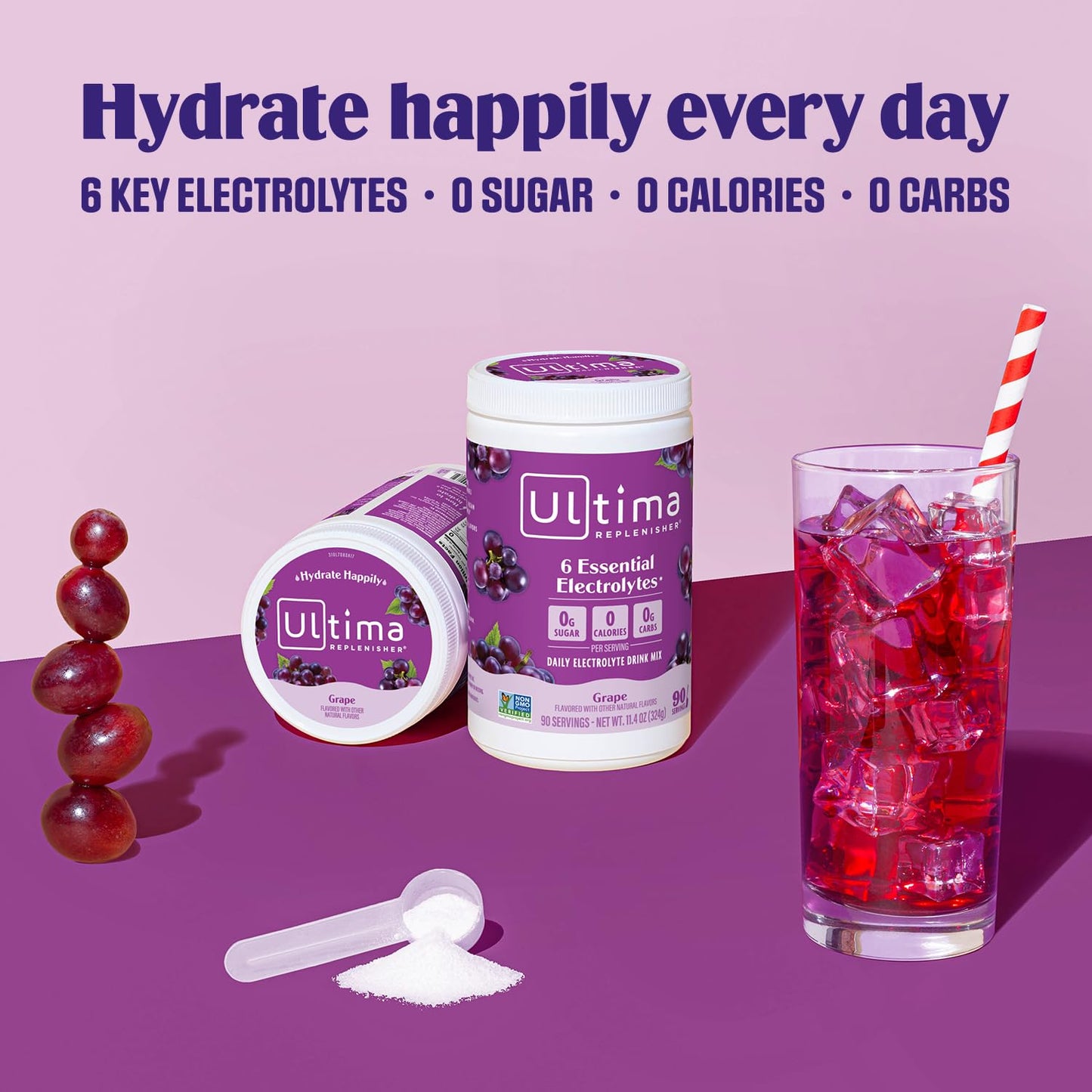 Ultima Replenisher Grape Electrolyte Powder Drink Mix - 90 Servings - Hydration Powder with 6 Essential Electrolytes and Trace Minerals - Keto, Vegan, Non-GMO, Sugar-Free