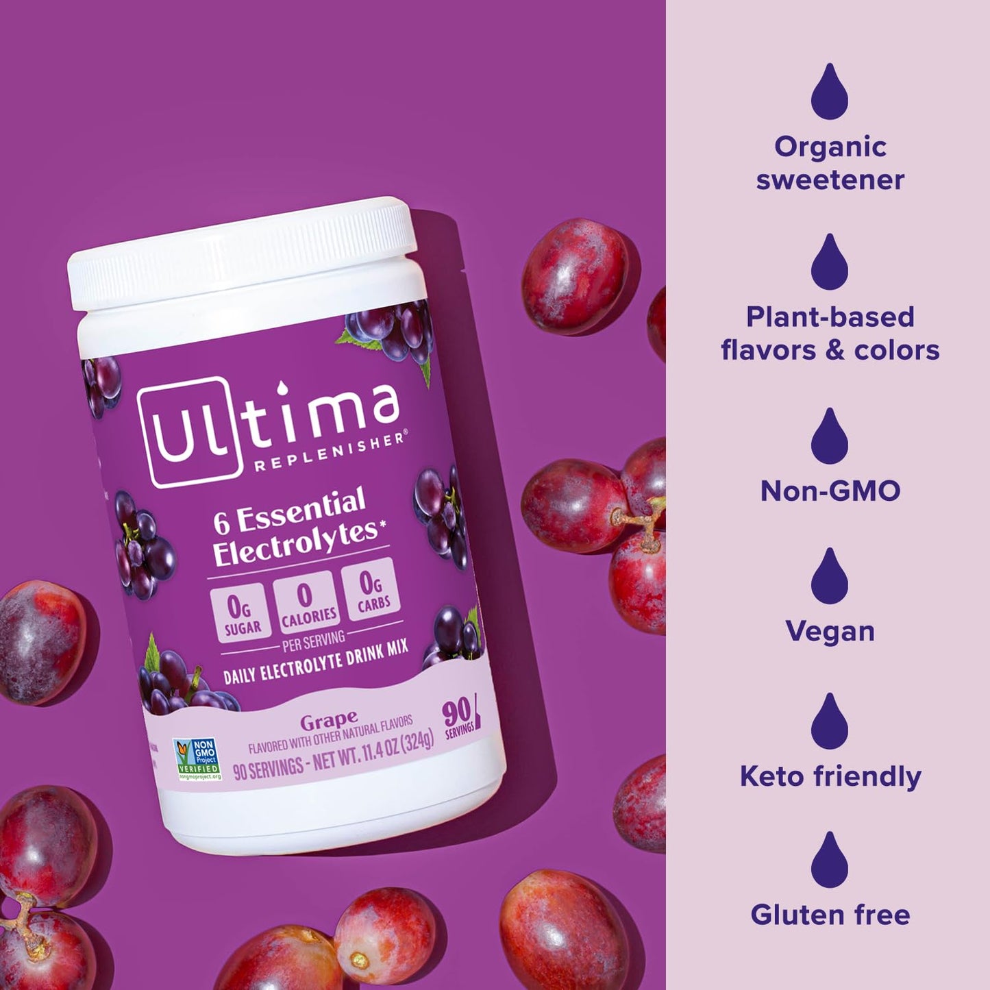 Ultima Replenisher Grape Electrolyte Powder Drink Mix - 90 Servings - Hydration Powder with 6 Essential Electrolytes and Trace Minerals - Keto, Vegan, Non-GMO, Sugar-Free