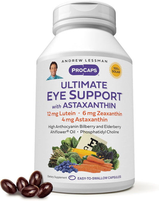 Ultimate Eye Support Softgels with Astaxanthin - Key Nutrients for Healthy Vision, Lutein, Zeaxanthin, Bilberry - No Additives