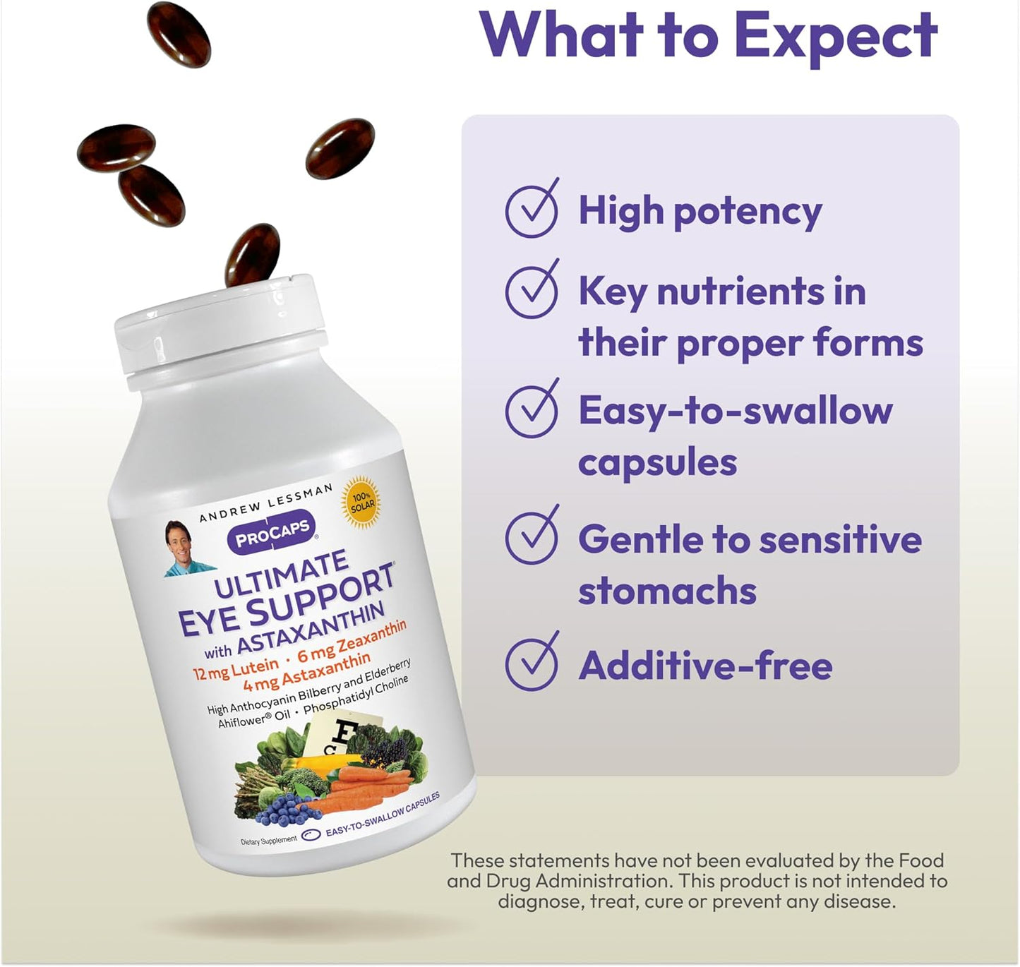 Ultimate Eye Support Softgels with Astaxanthin - Key Nutrients for Healthy Vision, Lutein, Zeaxanthin, Bilberry - No Additives