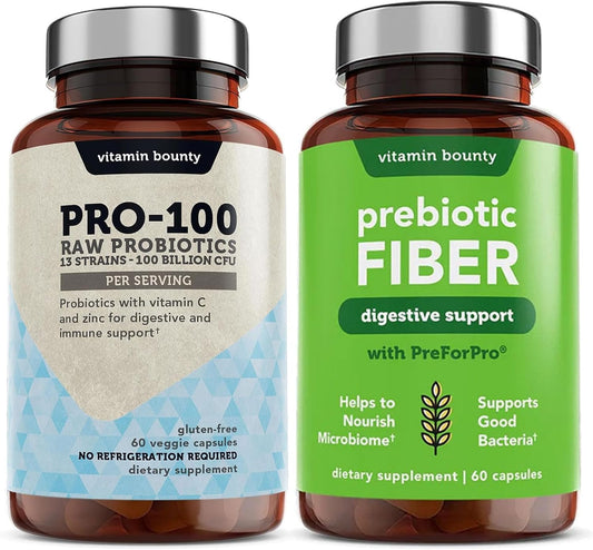Ultimate Gut Health Bundle: Pro-100 Probiotics & Prebiotic Fiber with 13 Strains, 100 Billion CFUs, Zinc & Vitamin C - 90 Capsules