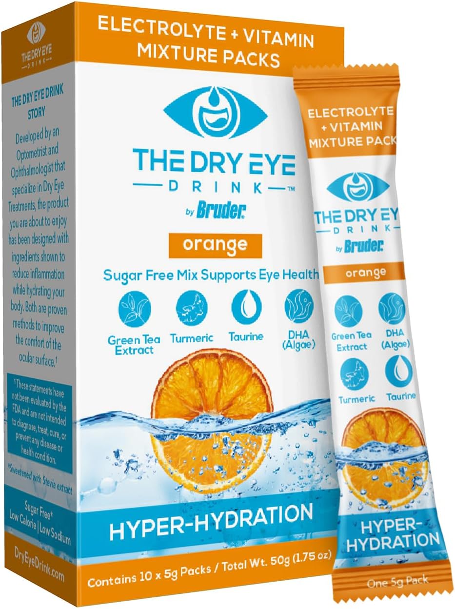 Ultimate Hydration Powder Packets for Dry Eyes - Sugar-Free Electrolyte Blend with Vitamins, Green Tea, Turmeric, Taurine, and DHA - 5g x 10 Packets - Orange Flavor