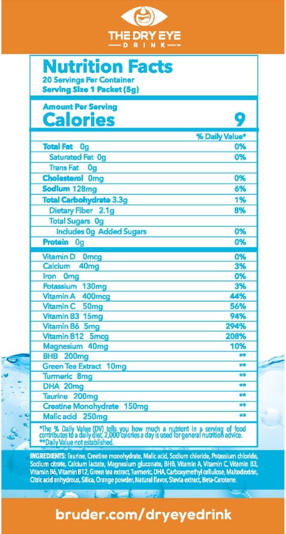 Ultimate Hydration Powder Packets for Dry Eyes - Sugar-Free Electrolyte Blend with Vitamins, Green Tea, Turmeric, Taurine, and DHA - 5g x 10 Packets - Orange Flavor