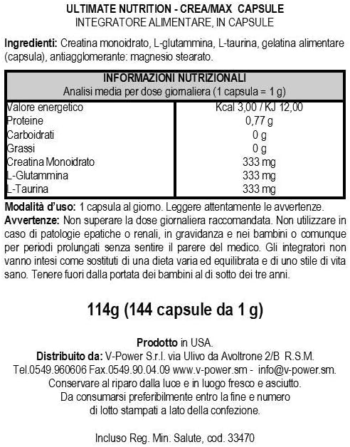 Ultimate Nutrition Biovolumizing Crea Max Supplement for Muscle Recovery and Energy, 2000mg, 144 Capsules