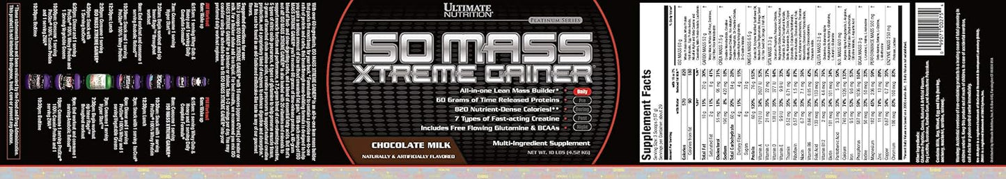 Ultimate Nutrition ISO Mass Xtreme Gainer Chocolate Protein Powder - 10 LBS, 60g Protein, Whey Isolate for Lean Muscle Gain - 30 Servings