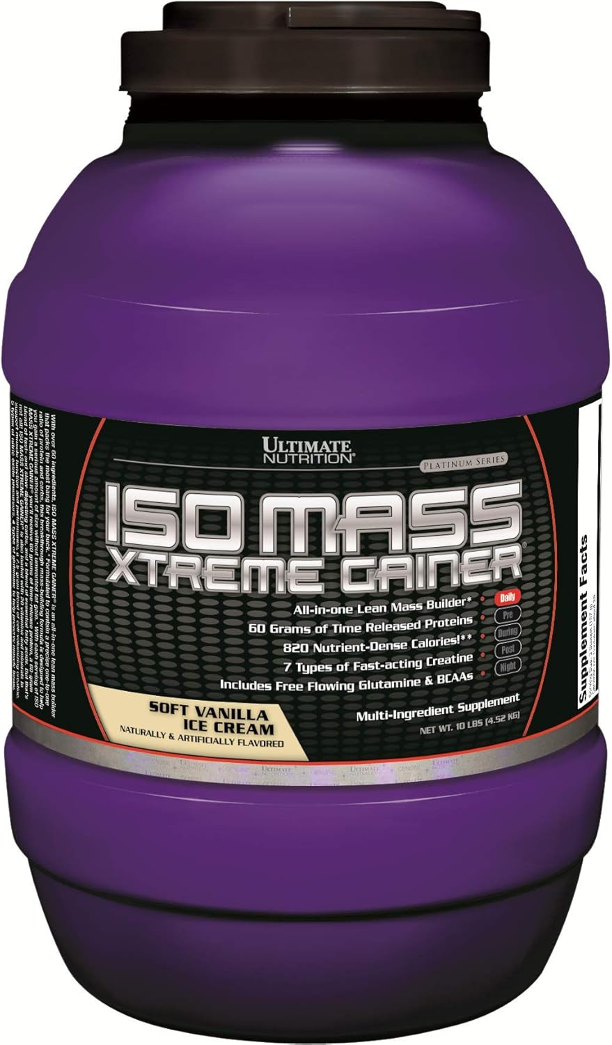 Ultimate Nutrition ISO Mass Xtreme Gainer: Whey Protein Powder with Creatine for Lean Muscle Gain, 60g Protein, 10 LBS Vanilla Ice Cream Flavor