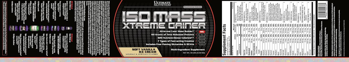Ultimate Nutrition ISO Mass Xtreme Gainer: Whey Protein Powder with Creatine for Lean Muscle Gain, 60g Protein, 10 LBS Vanilla Ice Cream Flavor
