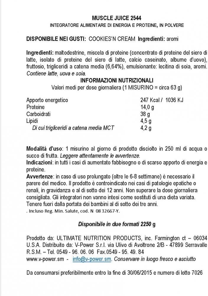 Ultimate Nutrition Muscle Juice 2544 Protein Shake, 4.96 lbs, Cookies and Cream Flavor