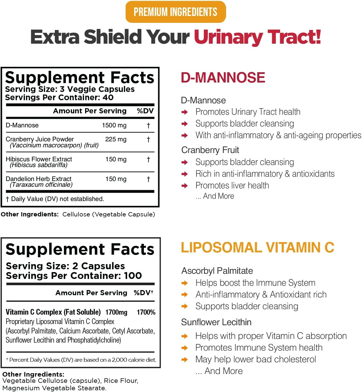 Ultimate Urinary Tract Health Bundle with D-Mannose, Liposomal Vitamin C, Cranberry - Enhanced Absorption, Detox Support - Dietary Supplement