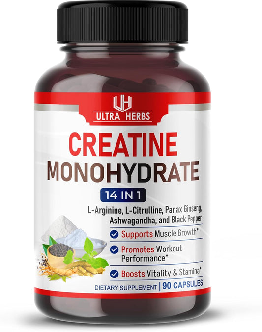 Ultra Herbs Creatine Monohydrate Capsules with L-Arginine, L Citrulline, and Ginseng for Stamina, Energy, and Muscle Growth - 90 Capsules