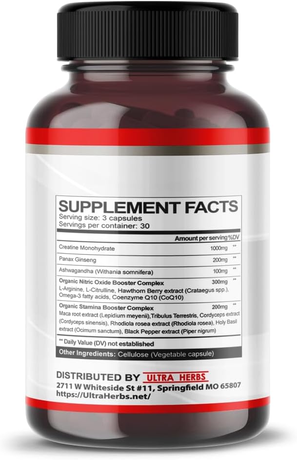 Ultra Herbs Creatine Monohydrate Capsules with L-Arginine, L Citrulline, and Ginseng for Stamina, Energy, and Muscle Growth - 90 Capsules