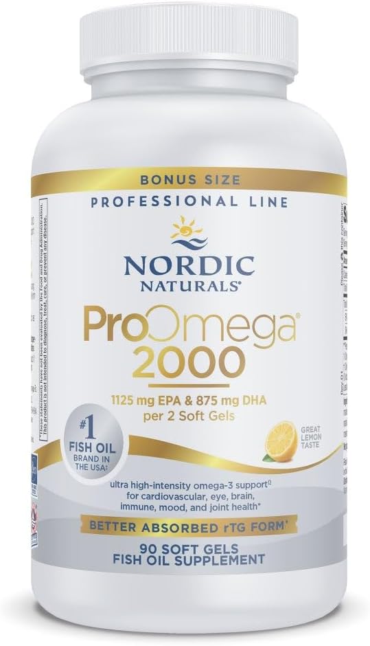 Ultra High-Potency Fish Oil Soft Gels - Nordic Naturals ProOmega 2000, Lemon Flavor - 2150 mg Omega-3, EPA & DHA - Promotes Brain, Eye, Heart, & Immune Health - Non-GMO - 90 Count