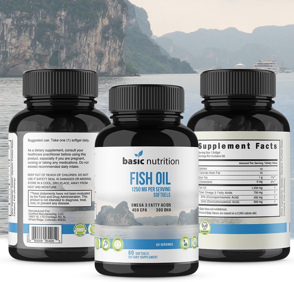 Ultra High Potency Fish Oil Supplement | 1250mg Omega 3 Fatty Acids with EPA & DHA | Hormone-Free, Non-GMO, Gluten-Free | Made in USA