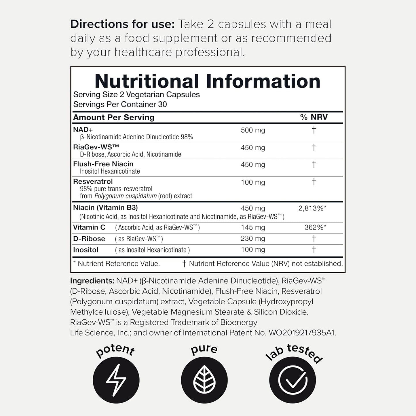 Ultra High Strength 1500mg NAD+ Supplement with RiaGev-WS™, Resveratrol, Niacin - 60 Capsules