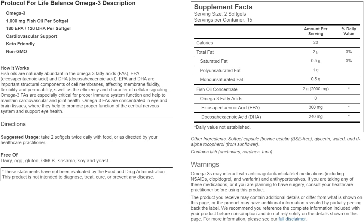 Ultra Omega-3 Supplement with High EPA/DHA Ratio - 30 Softgels by Protocol for Life Balance