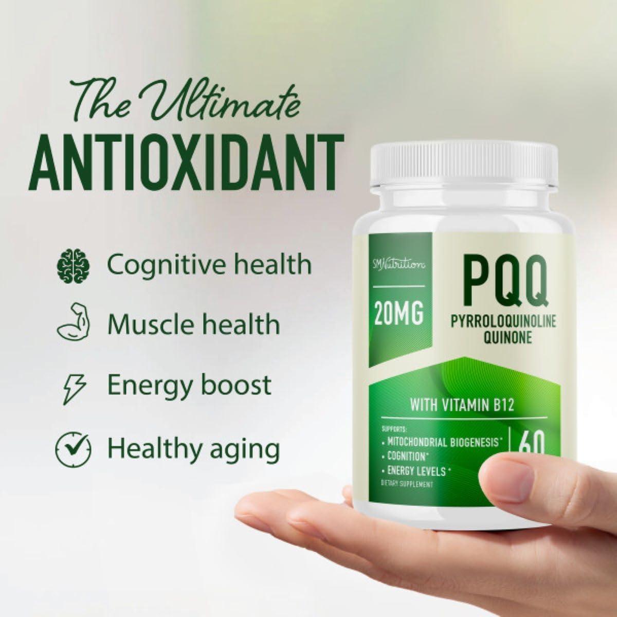 Ultra PQQ Supplement 20mg for Mitochondrial Biogenesis & Energy | CoQ10 & B12 | Brain Health & Mitochondria Production | Vegan, Gluten-Free | 60 Capsules
