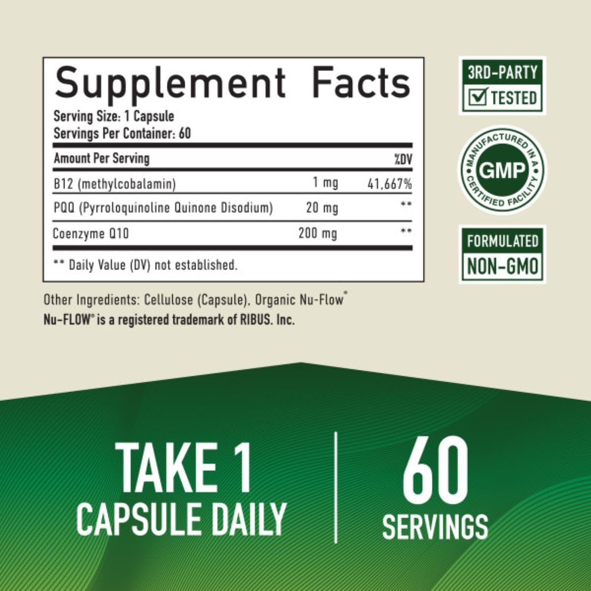 Ultra PQQ Supplement 20mg for Mitochondrial Biogenesis & Energy | CoQ10 & B12 | Brain Health & Mitochondria Production | Vegan, Gluten-Free | 60 Capsules