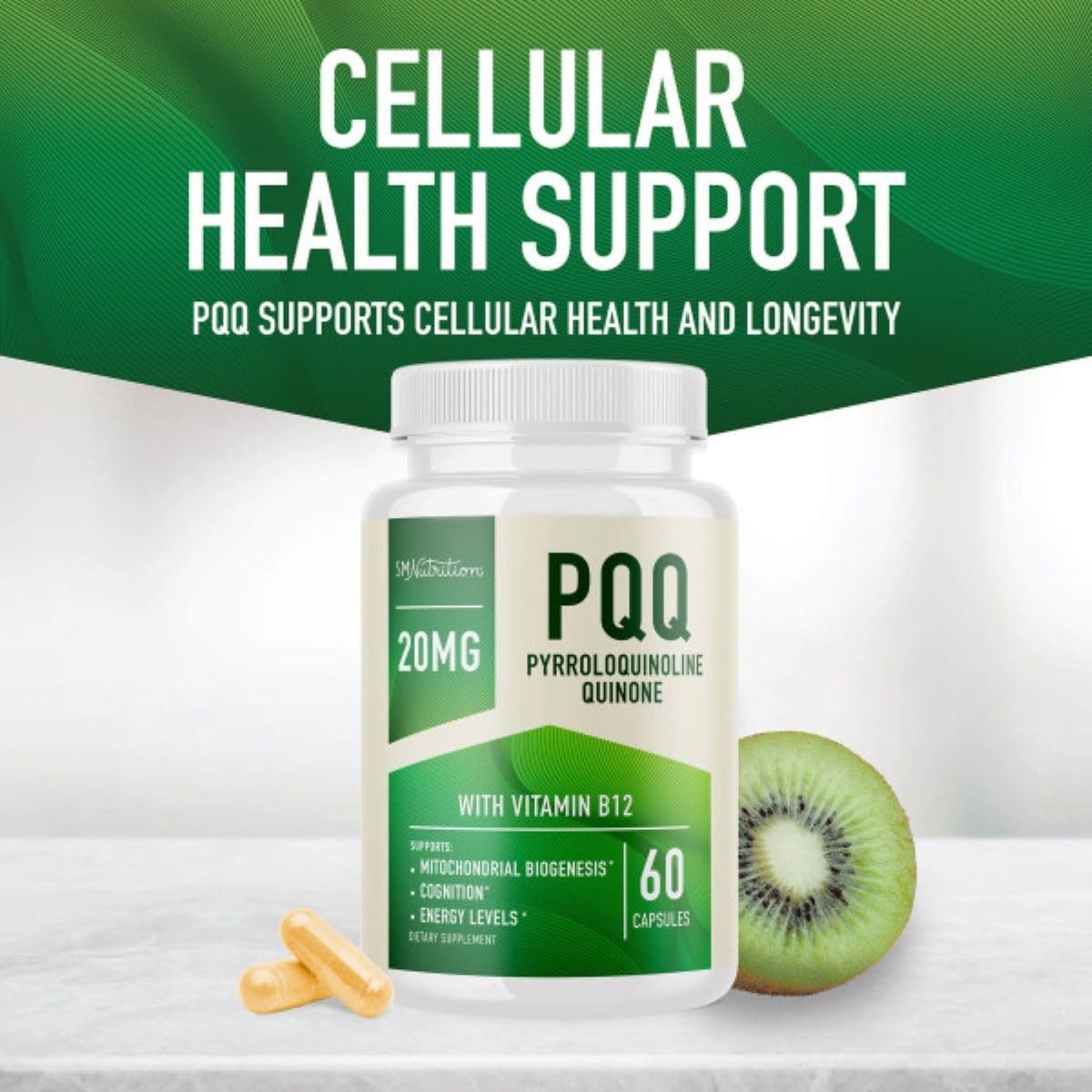 Ultra PQQ Supplement 20mg for Mitochondrial Biogenesis & Energy | CoQ10 & B12 | Brain Health & Mitochondria Production | Vegan, Gluten-Free | 60 Capsules