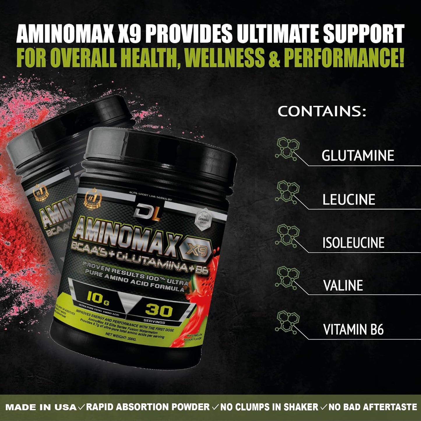Ultra-Pure BCAA Amino Acids with Glutamine & Vitamin B6 for Muscle Recovery & Immune Support - 30 Servings