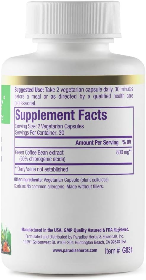 Ultra Pure Green Coffee Bean Extract Capsules, Vegan & Gluten-Free, 60 ct. Whole Spectrum Formula by Paradise Herbs