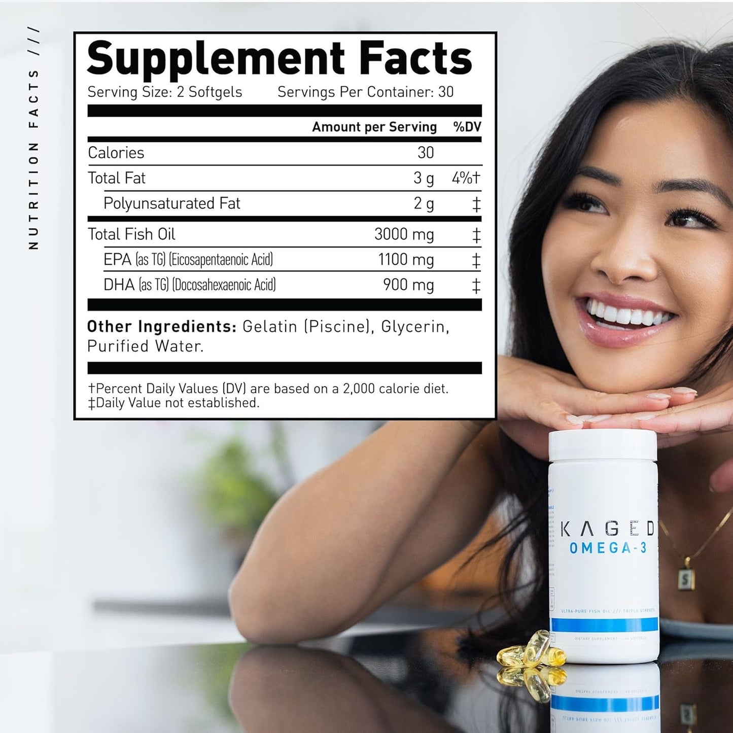 Ultra-Pure Kaged Omega 3 Fish Oil Supplement, 3000mg Omega 3 Fatty Acid with EPA & DHA, No Fish Burps - 60 Pills
