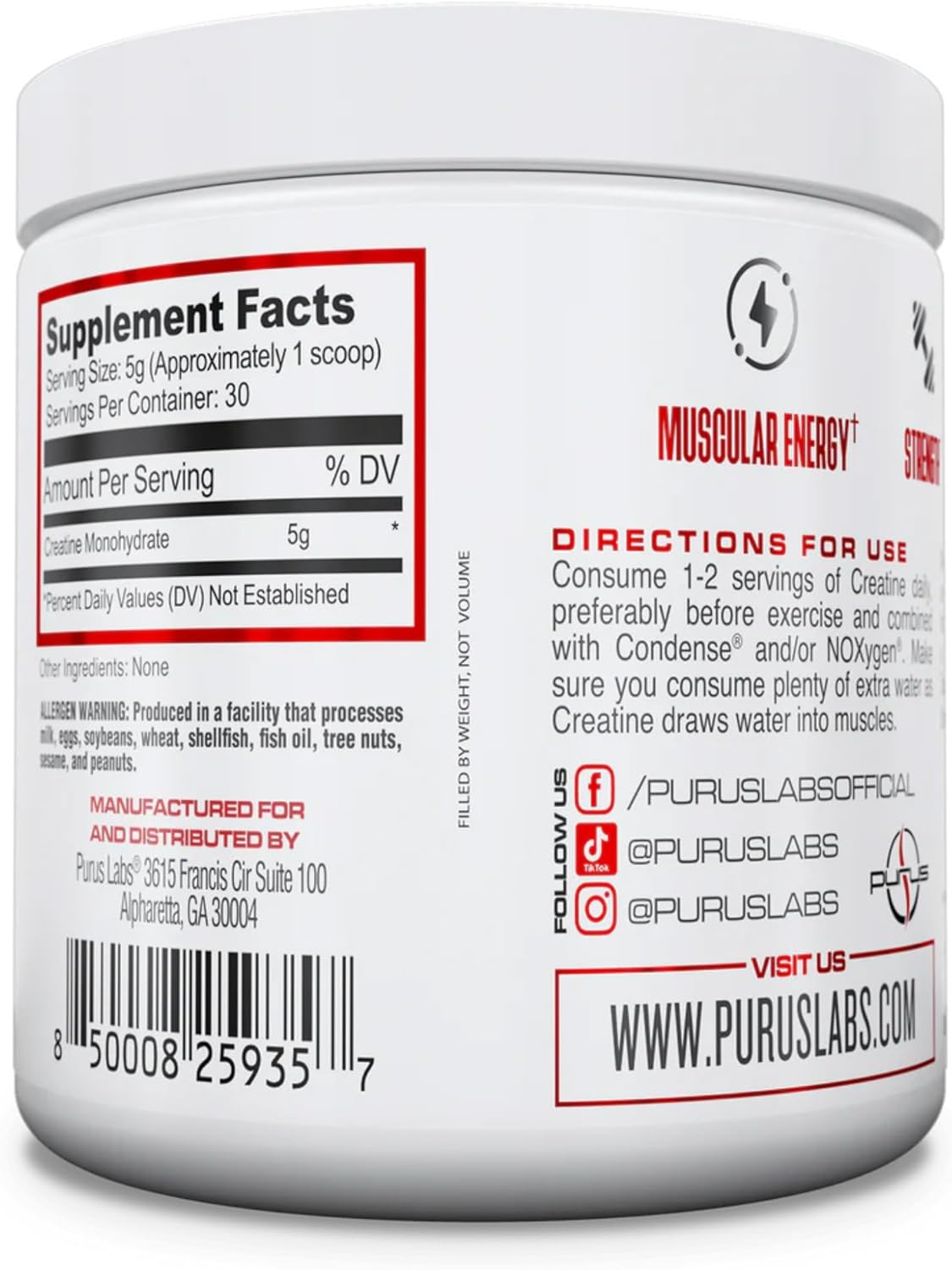 Ultra Pure Micronized Creatine Powder for Strength, Mass, Power, Recovery - 30 Servings, Unflavored - Purus Labs Foundation Series