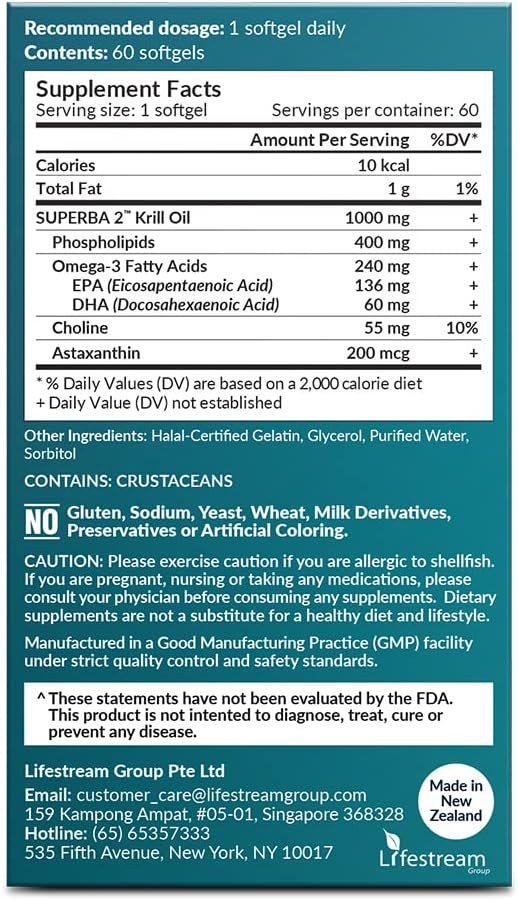 Ultra Strength Antarctic Krill Oil Supplement with Omega-3s, EPA, DHA, Phospholipids, Choline & Astaxanthin for Heart, Joint, and Brain Support - 60 Softgels