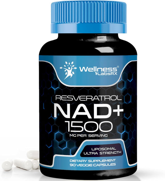 Ultra Strength Liposomal NAD+ Supplement with Resveratrol - 1500mg NAD Plus Boosting Capsules for Cellular Health, Stamina & Healthy Aging - Made in USA by Wellness LabsRX