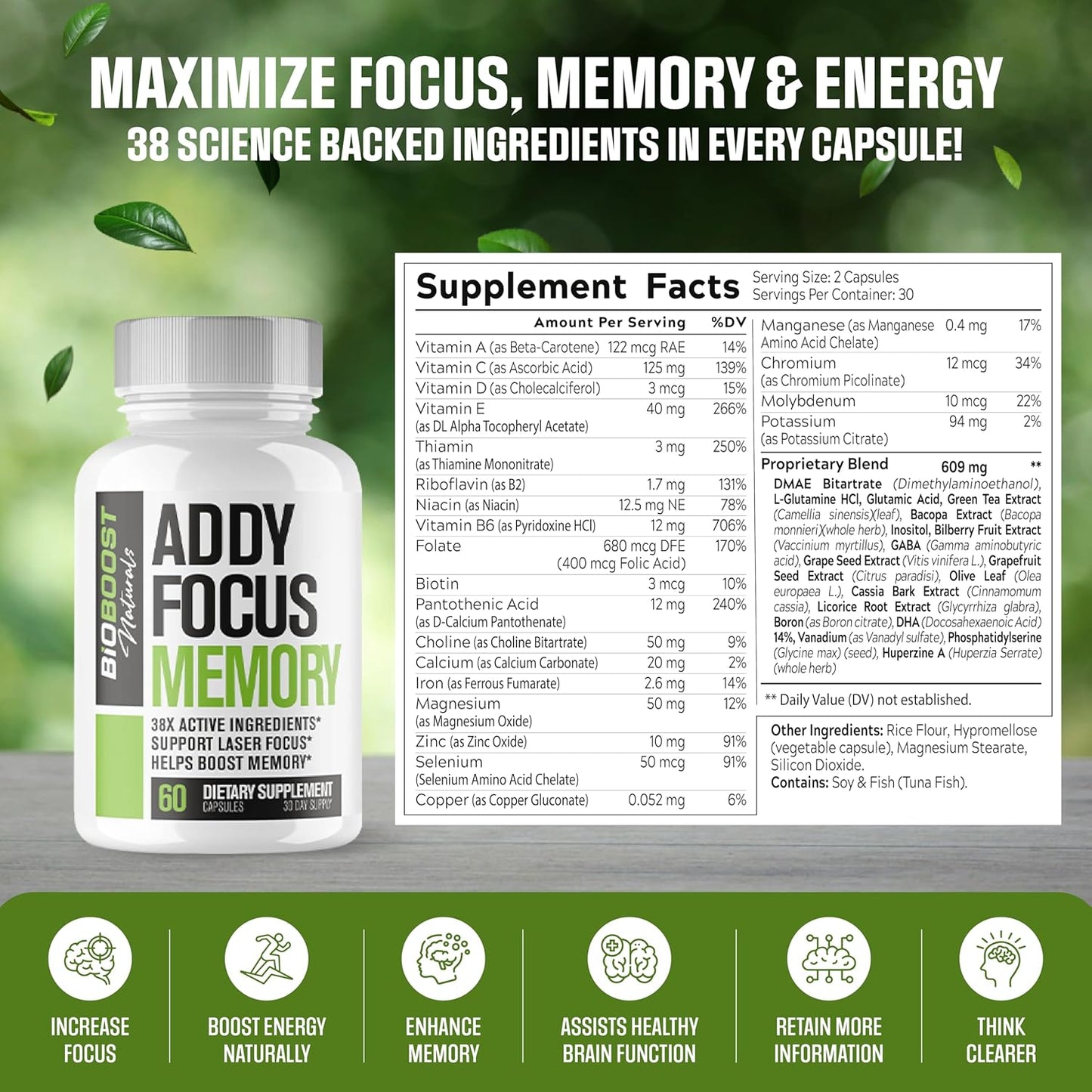 Ultra Strength Memory and Focus Supplement - Natural Adderall Substitute for Energy - Nootropic Pills with Science Backed Formula - 3rd Party Tested - 60 Capsules