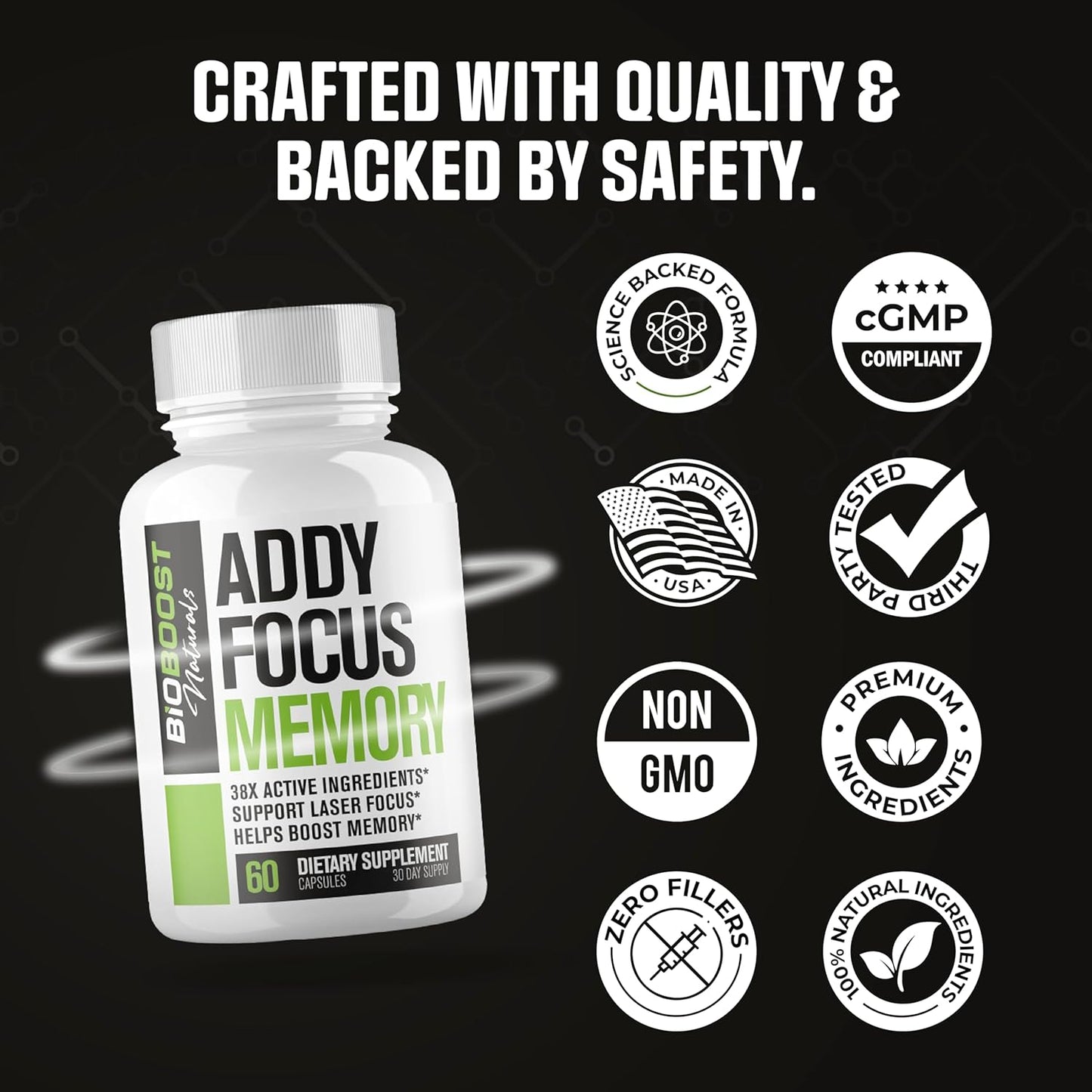 Ultra Strength Memory and Focus Supplement - Natural Adderall Substitute for Energy - Nootropic Pills with Science Backed Formula - 3rd Party Tested - 60 Capsules